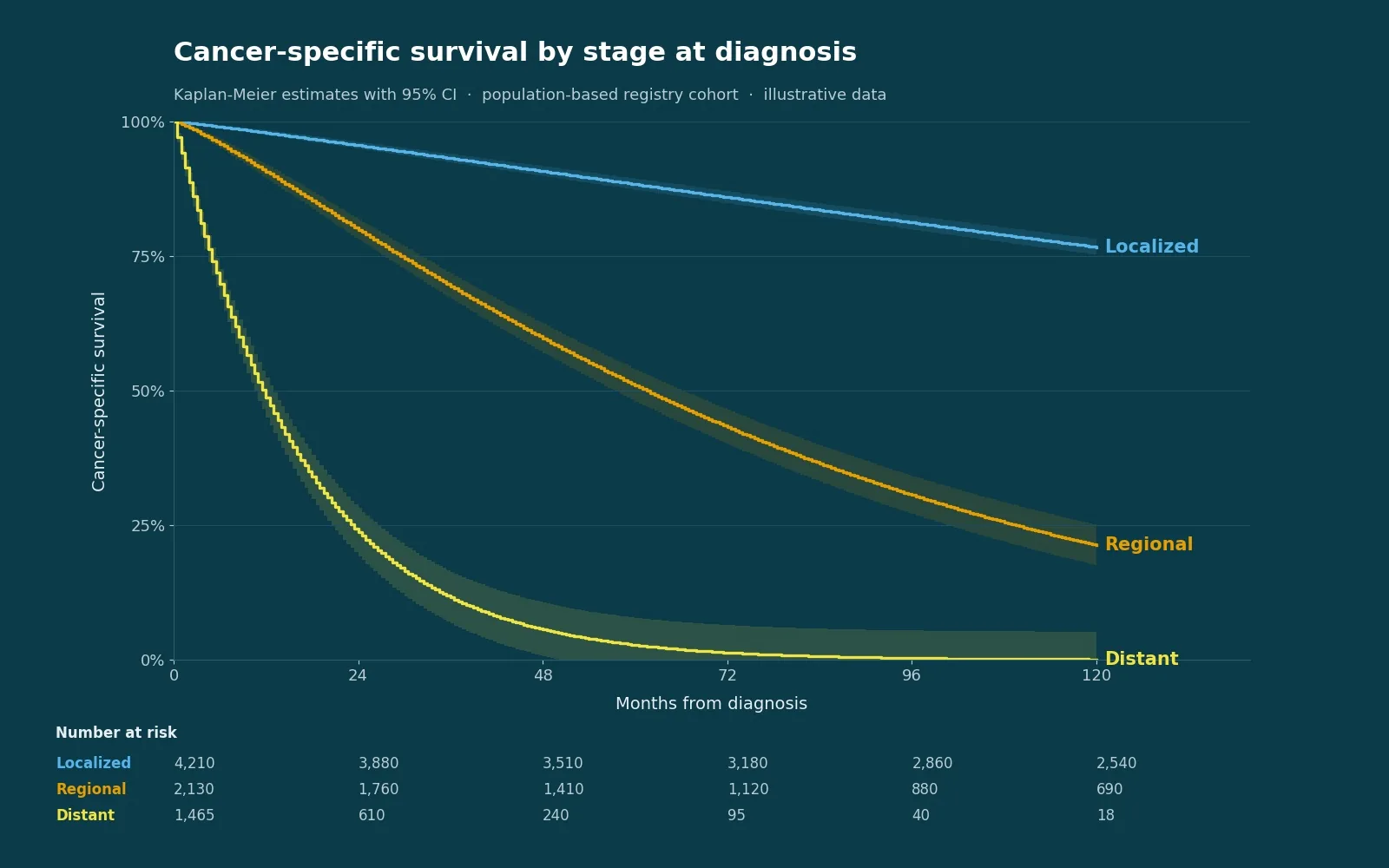 Cancer-specific survival curves by stage at diagnosis, with numbers at risk